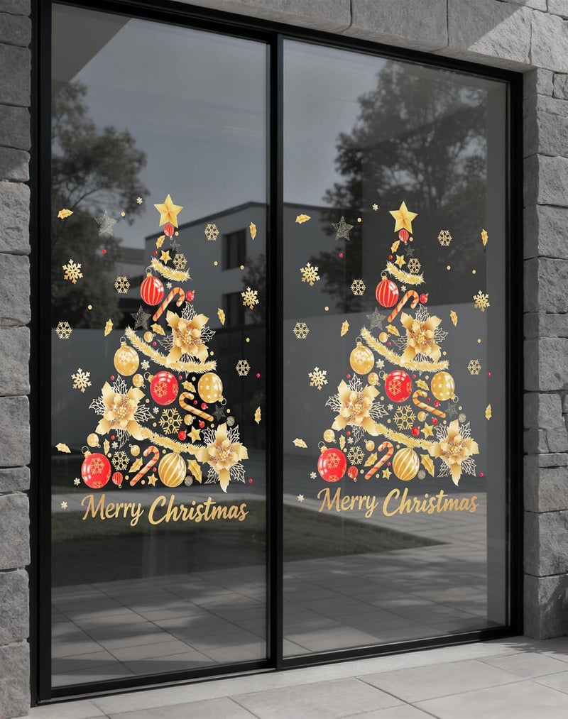 Nullyda Christmas Tree Window Clings for Glass, 19.69 * 15.75 Inch Large Golden Snowflake & Tree Decals, Removable Sticker for Glass Wall Mural Door Showcase DIY Christmas Decor - 2 Pack (Style C) - Image 4
